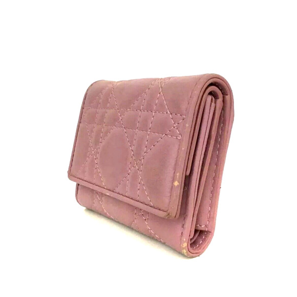Authentic Christian Dior Cannage Leather Compact Trifold Wallet W/ Charm Pink - Picture 3 of 9